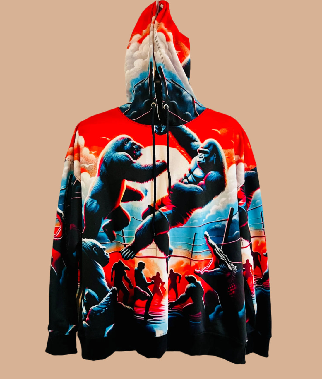 Hoodie with gorilla graphic design on a white background