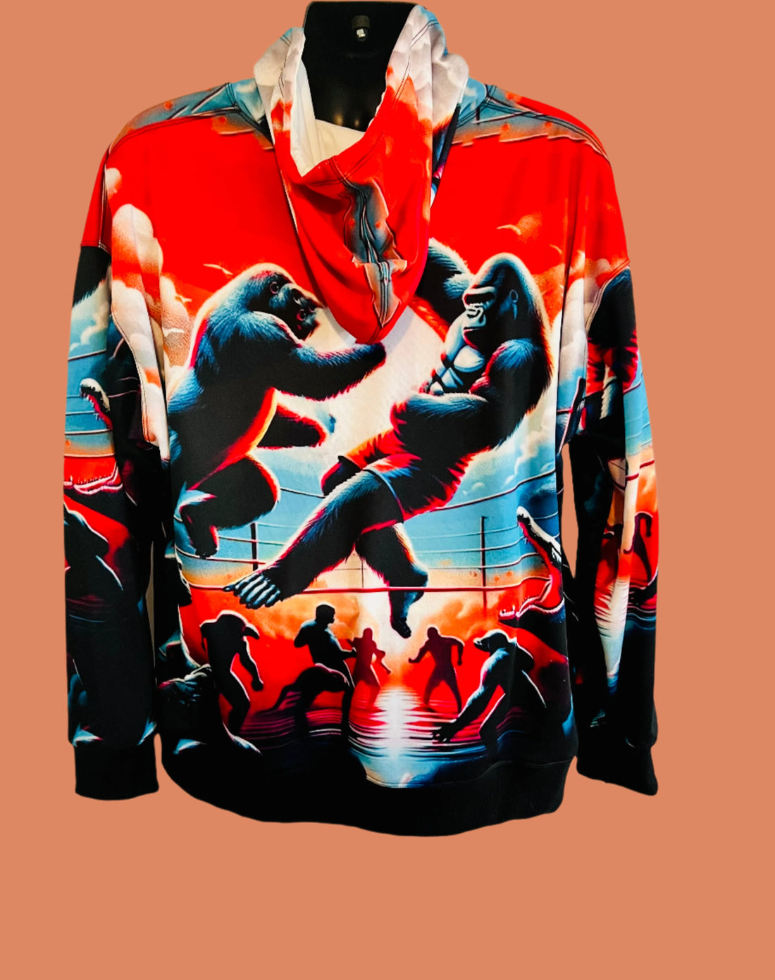 Hoodie with gorilla graphic design on a plain background
