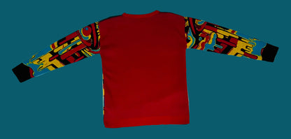 Red long-sleeve shirt with colorful sleeves on a white textured surface