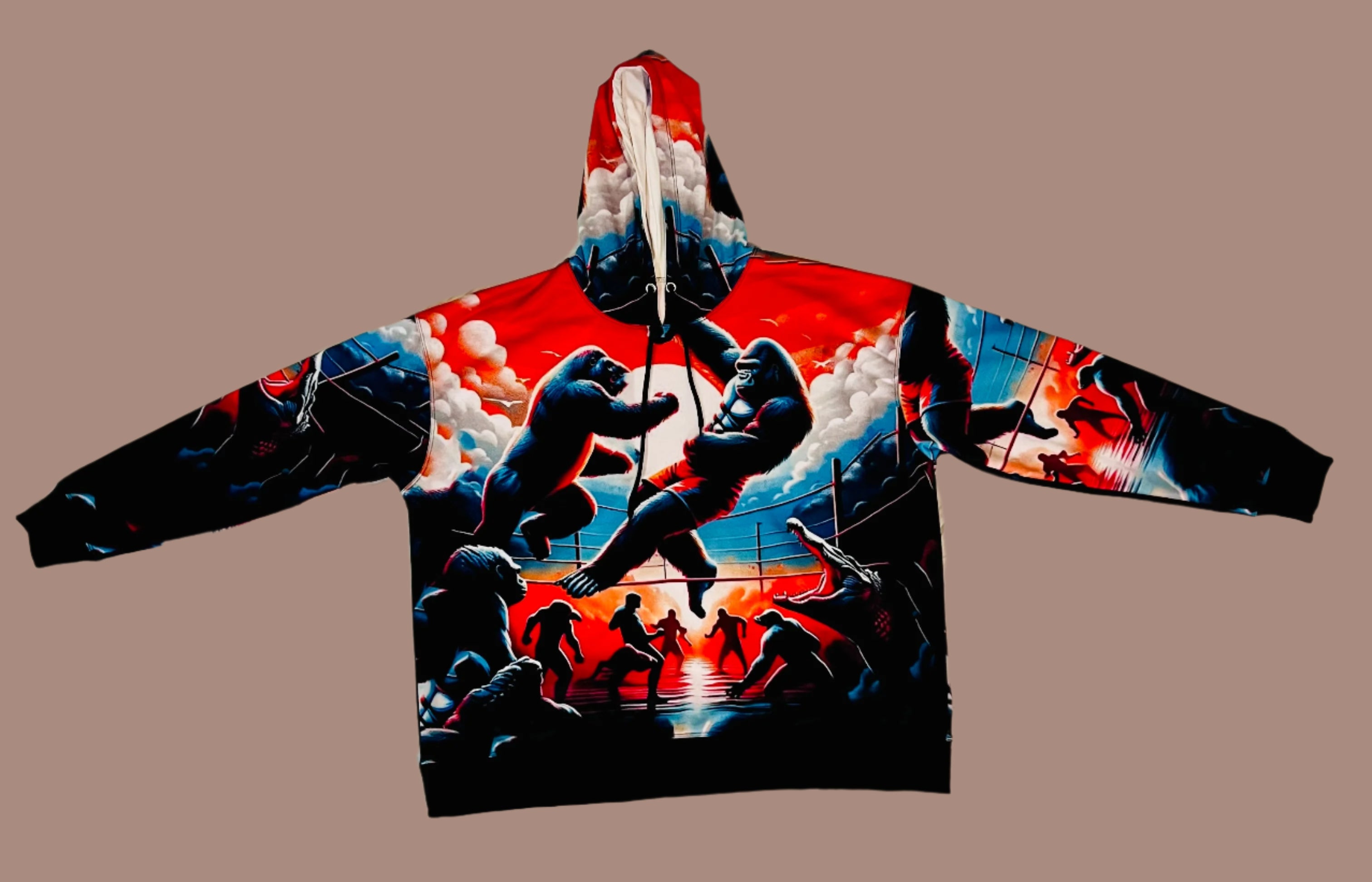 Hoodie with a graphic design of a gorilla and other elements on a white background