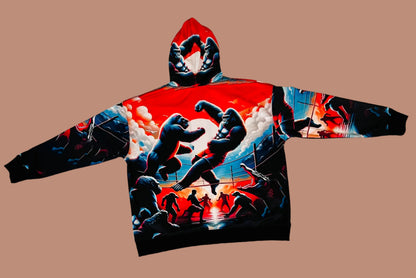 Hoodie with a graphic design of gorillas on a white surface