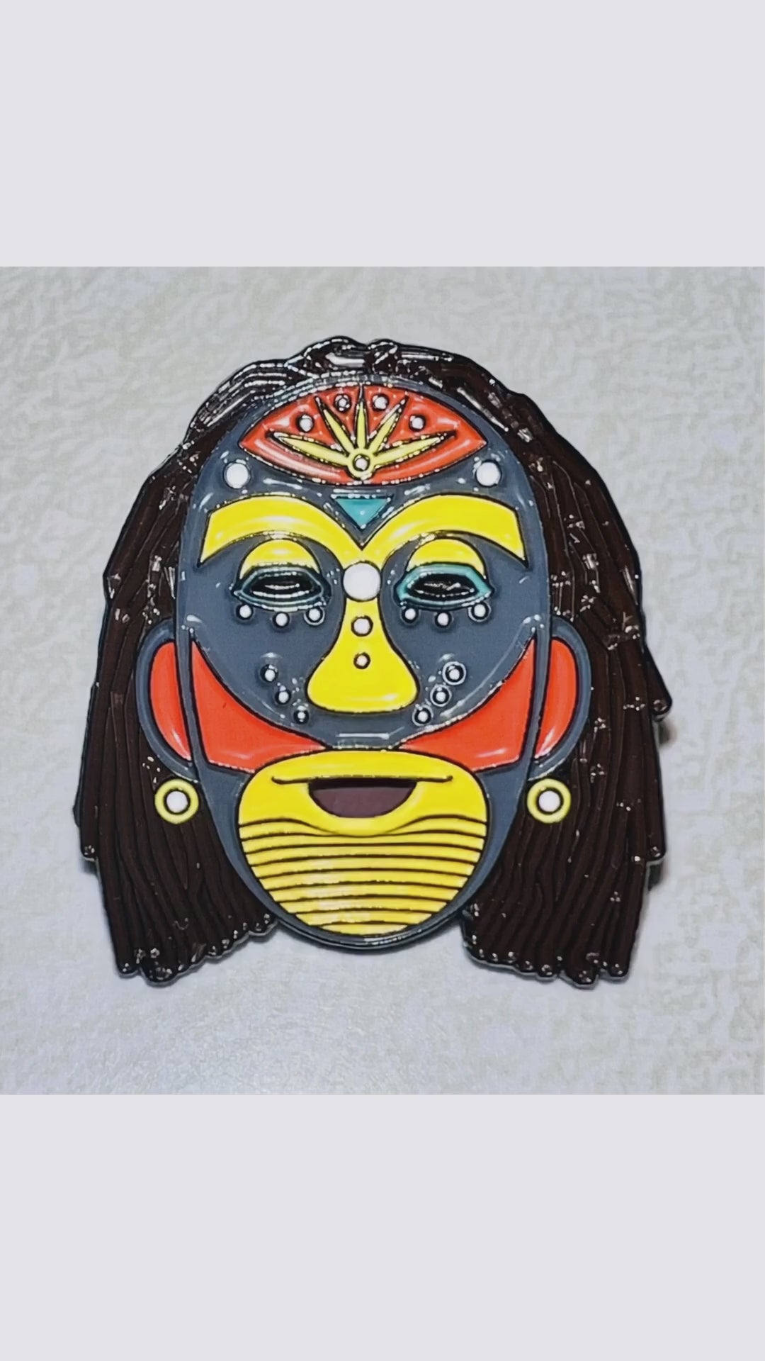 &quot;Cultural Mask Enamel Pins – Crown, Tusk, Green Stripe, Yellow Star&quot;