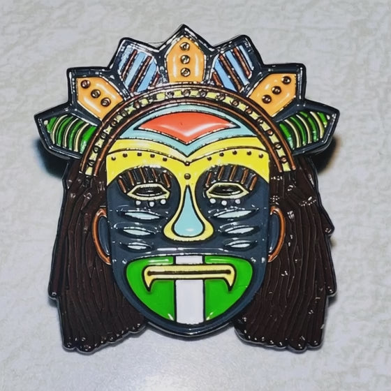 &quot;Cultural Mask Enamel Pins – Crown, Tusk, Green Stripe, Yellow Star&quot;