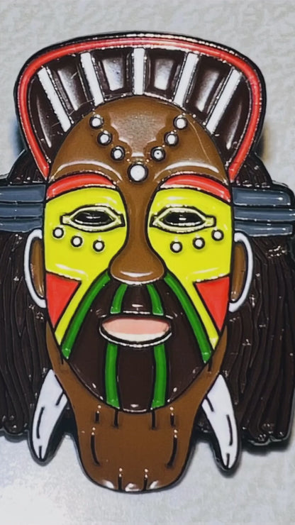&quot;Cultural Mask Enamel Pins – Crown, Tusk, Green Stripe, Yellow Star&quot;