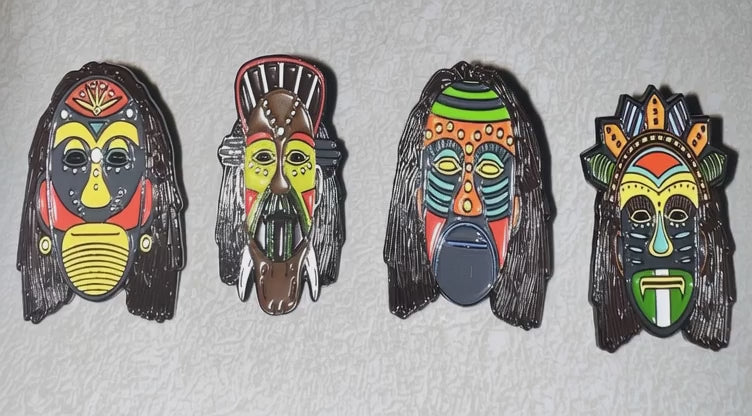 &quot;Cultural Mask Enamel Pins – Crown, Tusk, Green Stripe, Yellow Star&quot;