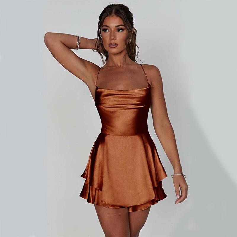 Sexy Suspender Skirt For Women Elegant Slim Strap Satin Backless Lace Up A - Line Short Dress Lady - RNF ENT