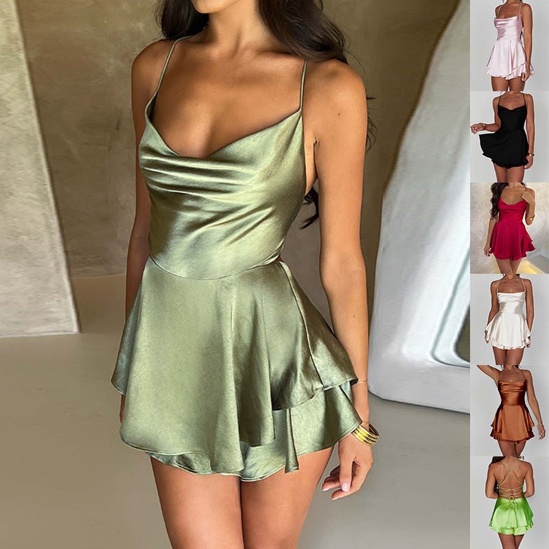 Sexy Suspender Skirt For Women Elegant Slim Strap Satin Backless Lace Up A - Line Short Dress Lady - RNF ENT