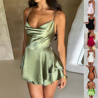 Sexy Suspender Skirt For Women Elegant Slim Strap Satin Backless Lace Up A - Line Short Dress Lady - RNF ENT